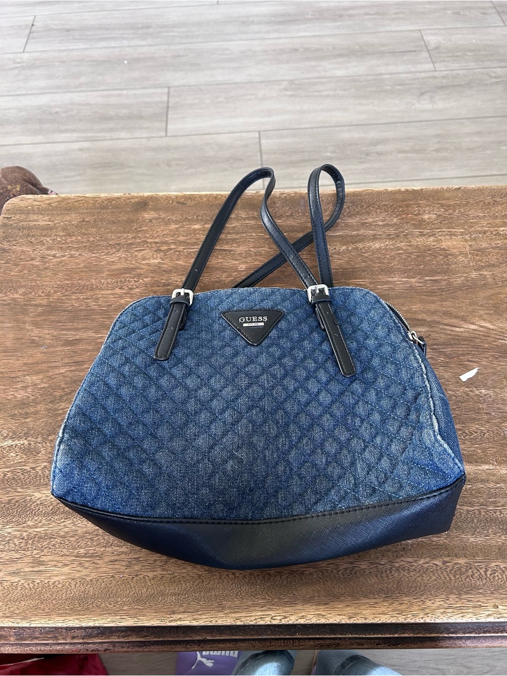 GUESS Blue Denim Diamond Quilted Tote Bag Black Trim Y2K Shoulder Bag Designer